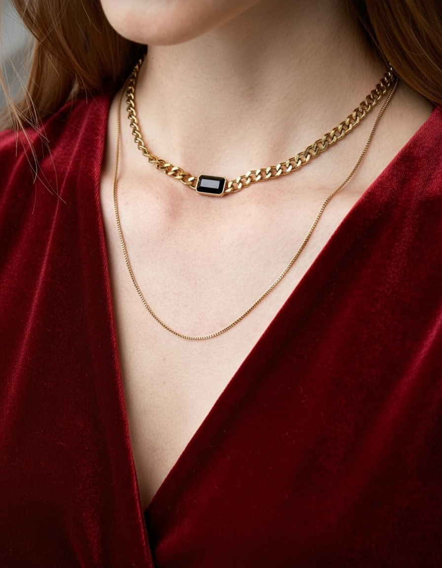 Gold Curb Chain Necklace with Black Stone Pendant
