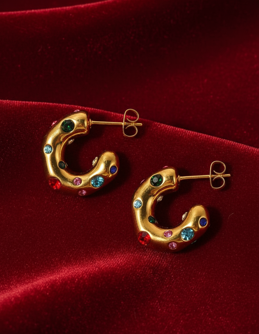 Gold Hoop Earrings with Multicolor Gemstones