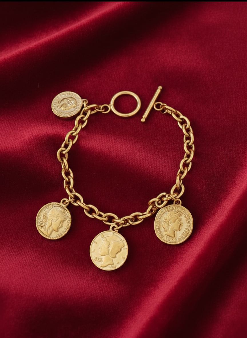 Vintage Coin Charm Bracelet with Toggle Clasp