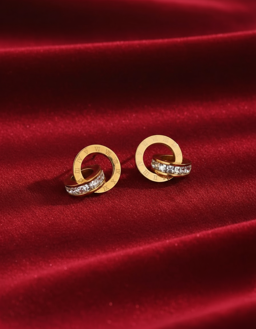 Gold Roman Numeral Circle Earrings with Crystal Accent