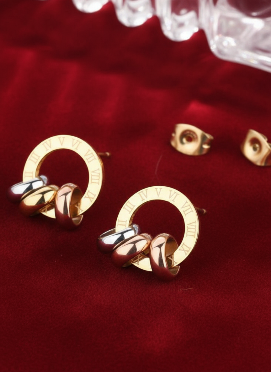 Tri-Tone Roman Numeral Circle Earrings