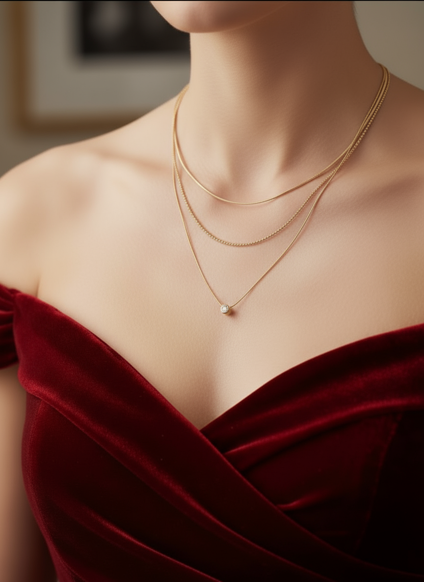 Triple Layered Gold Chain Necklace with Crystal Pendant